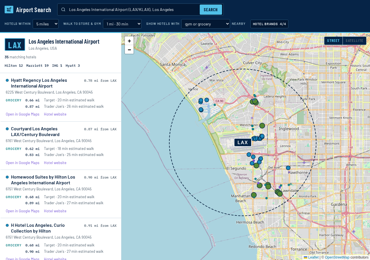 Search results list next to a map of hotels around the airport