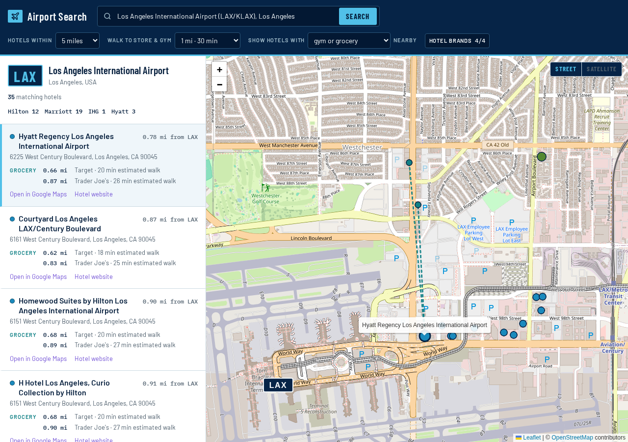 A selected hotel on the map with walk lines to nearby stores